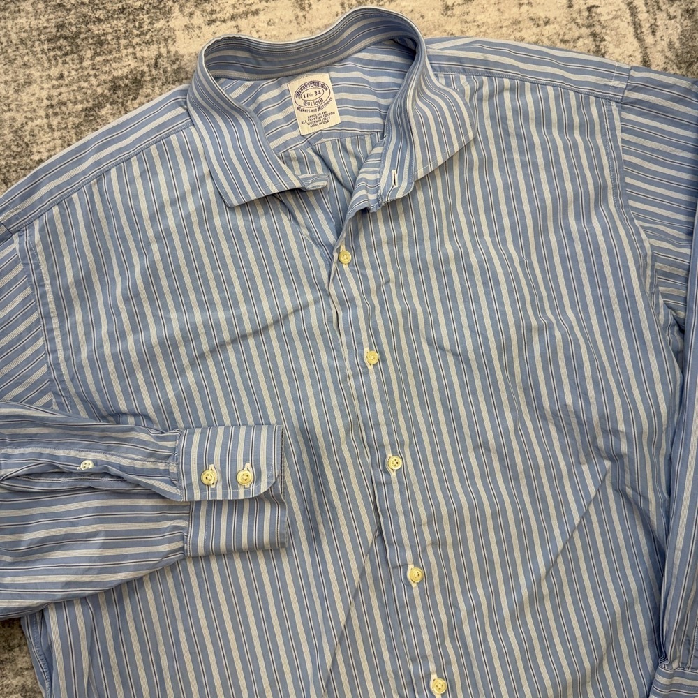 VTG Brooks Brothers Makers Merchants Shirt Mens 17.5 34 Blue Striped USA Preppy